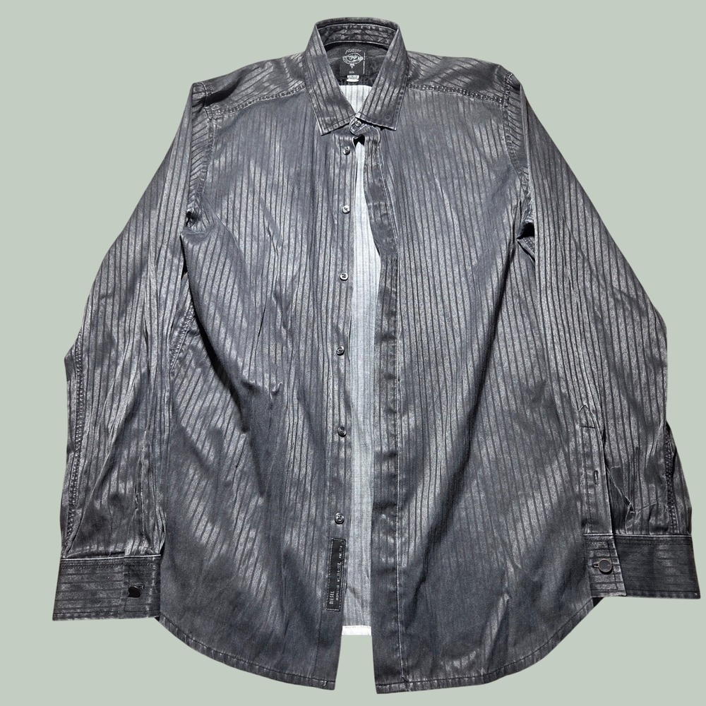Diesel Industry Mens Grey Black Striped Button Down Shirt Y2K Euro Large